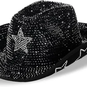 Black Mirror Disco Cowboy Hat with silver star rhinestones – women's cowgirl costume hat