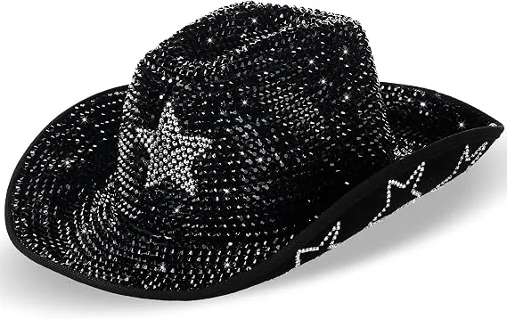 Black Mirror Disco Cowboy Hat with silver star rhinestones – women's cowgirl costume hat