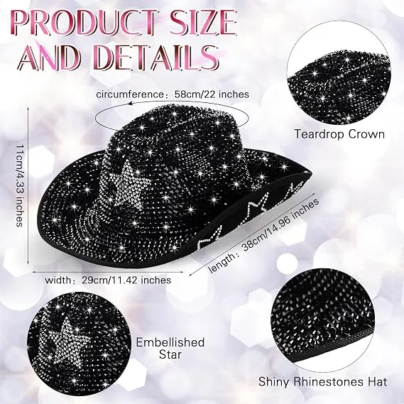 Black Mirror Disco Cowboy Hat size and rhinestone star detail infographic – fits 58cm/L
