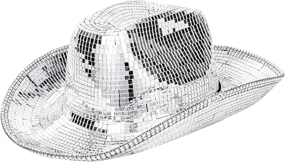 Silver mirror disco cowboy hat on white background, front view
