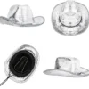 Silver disco cowboy hat shown from side, top, underside, and back angles