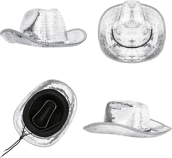 Silver disco cowboy hat shown from side, top, underside, and back angles
