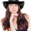 Woman wearing Black Mirror Disco Cowboy Hat with silver star rhinestones close-up