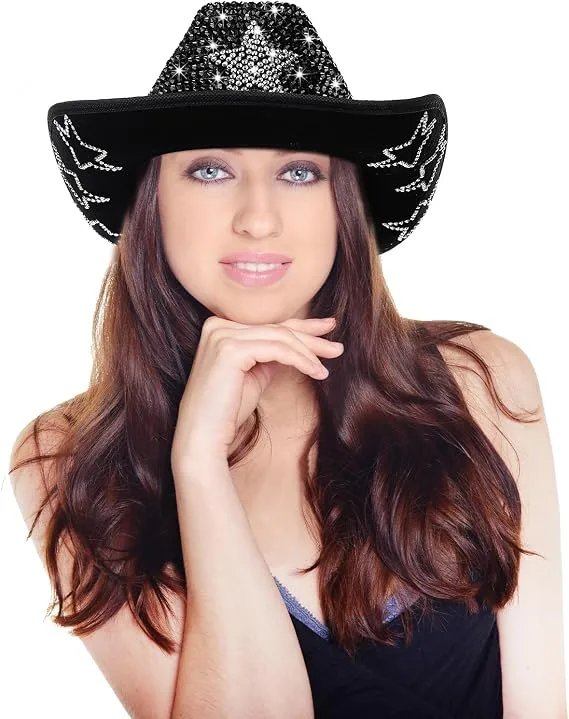 Woman wearing Black Mirror Disco Cowboy Hat with silver star rhinestones close-up