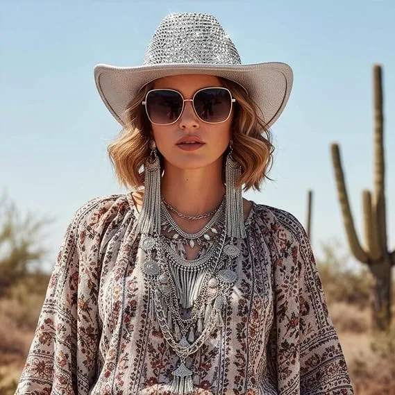 Woman styling a disco cowboy hat with sunglasses and layered silver jewelry in the desert