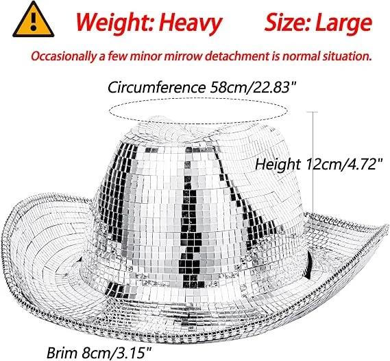 Disco cowboy hat size chart with circumference, height, and brim measurements