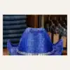 Blue sequin disco cowboy hat with rhinestone band, front view