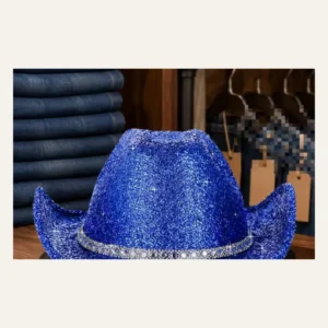 Blue sequin disco cowboy hat with rhinestone band, front view