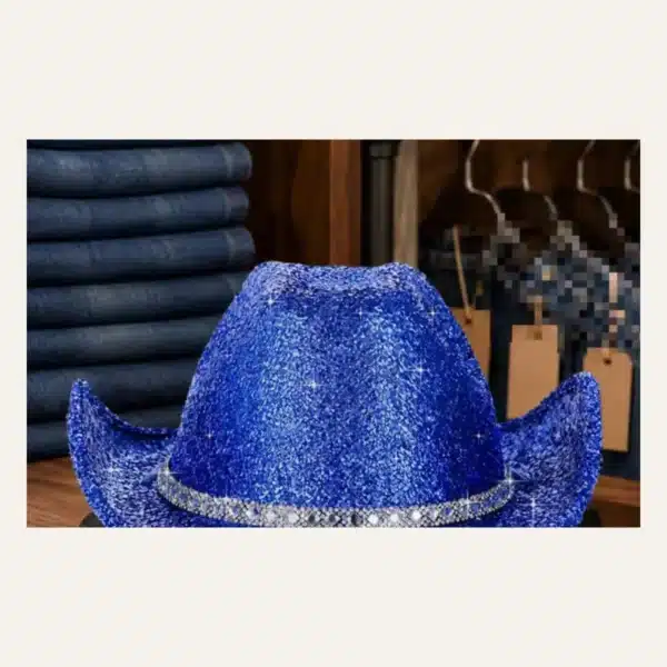 Blue sequin disco cowboy hat with rhinestone band, front view