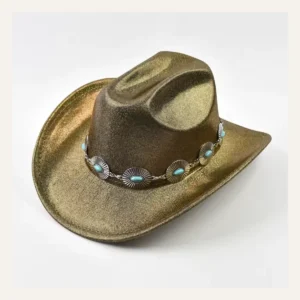 Champagne gold sequin cowboy hat front view on cream background