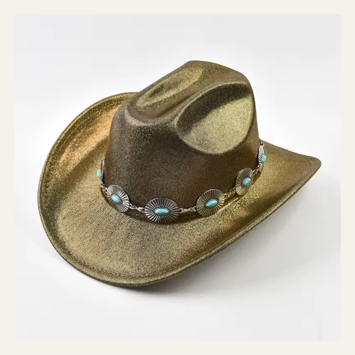 Champagne gold sequin cowboy hat front view on cream background