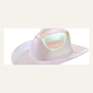 Holographic chrome disco cowboy hat front view showing pearl white iridescent finish