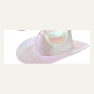 Iridescent pearl white disco cowboy hat, front view with shimmer