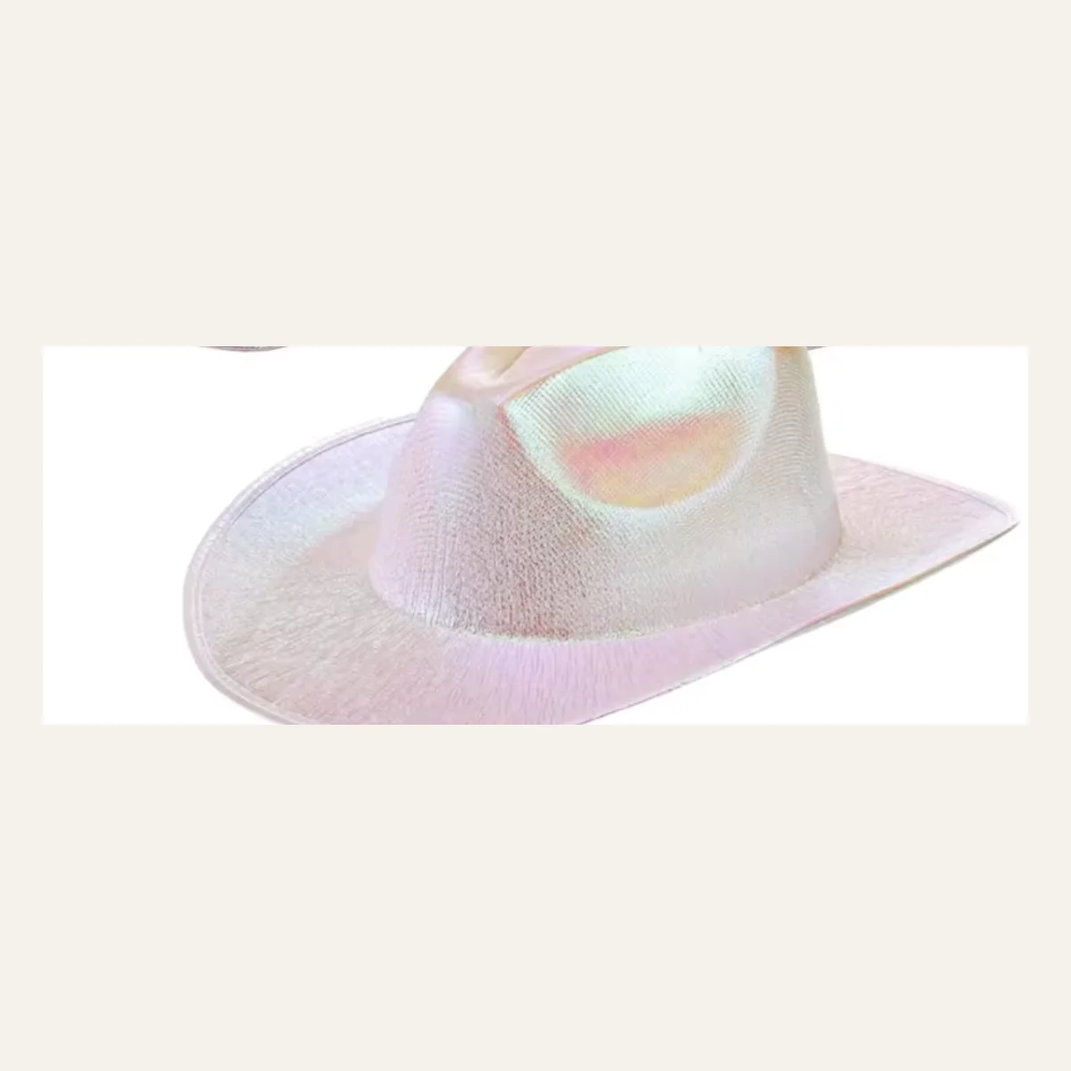 Iridescent pearl white disco cowboy hat, front view with shimmer