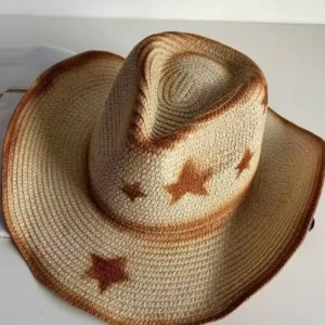 Natural straw sun cowboy hat with rust-brown star pattern band, front view