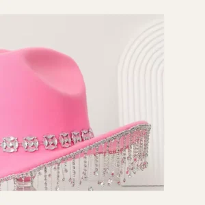 Pink Disco Mirror Cowboy Hat - pink felt hat with rhinestone crystal band and fringe