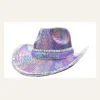 Purple sequin disco cowboy hat with iridescent snakeskin pattern, front view