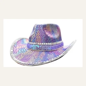 Purple sequin disco cowboy hat with iridescent snakeskin pattern, front view