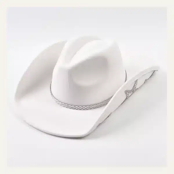 White rhinestone crystal cowboy hat with crystal band and star accent
