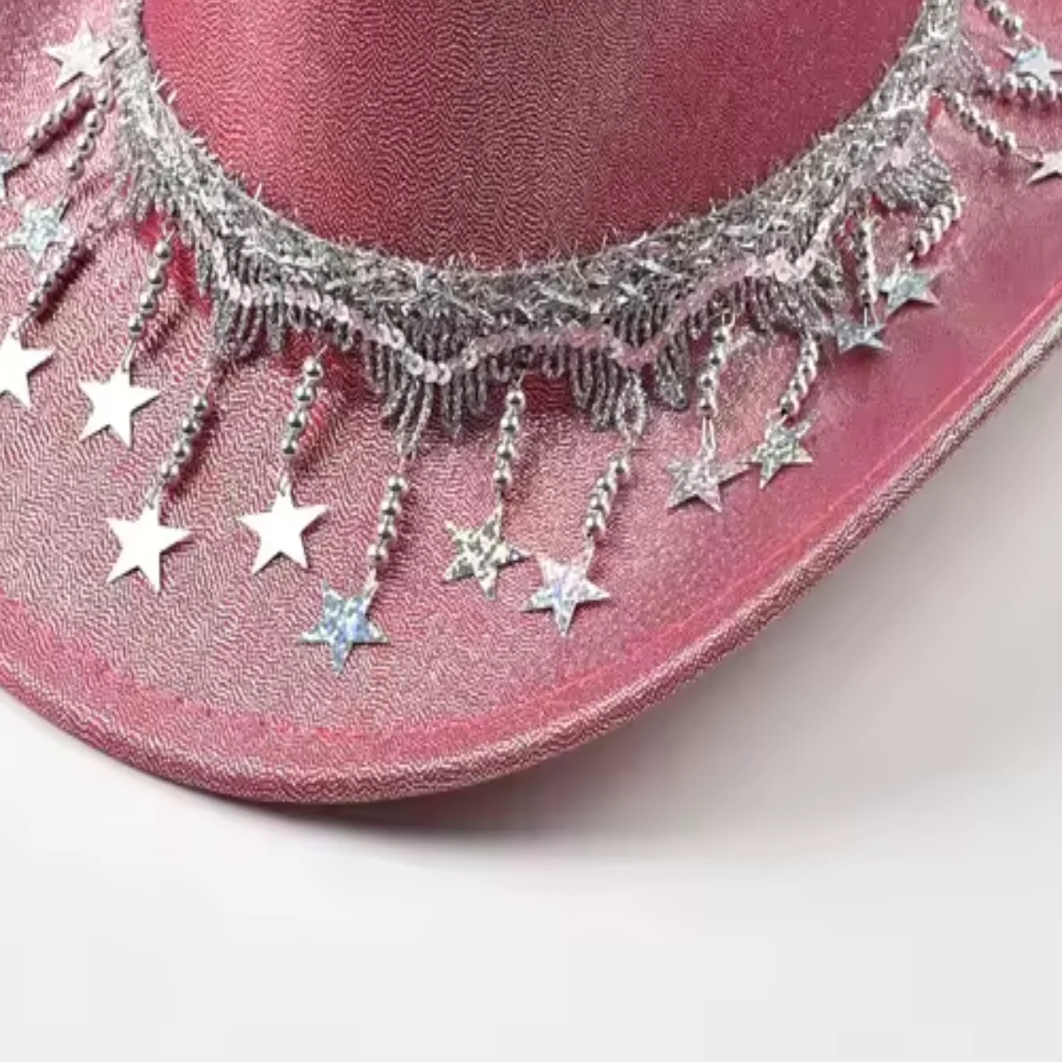 Rose Gold Sequin Cowboy Hat star fringe brim closeup