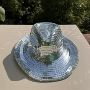 Silver Mirror Disco Cowboy Hat outdoors showing hundreds of reflective mirror tiles up close