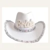 White bridal sequin cowboy hat with pearl Bride lettering, front view