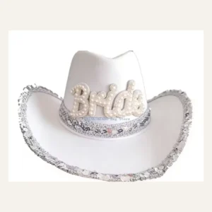 White bridal sequin cowboy hat with pearl Bride lettering, front view
