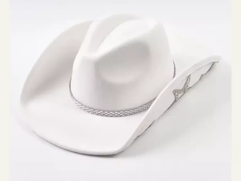 White felt cowboy hat with a crystal rhinestone band, illustrating a cowboy hat pricing and buying guide
