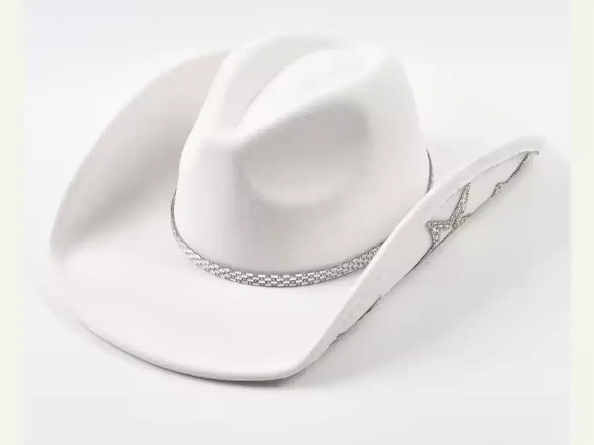 White felt cowboy hat with a crystal rhinestone band, illustrating a cowboy hat pricing and buying guide