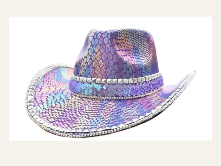 Iridescent purple holographic sequin disco cowboy hat, a photogenic statement piece for festival photo tips