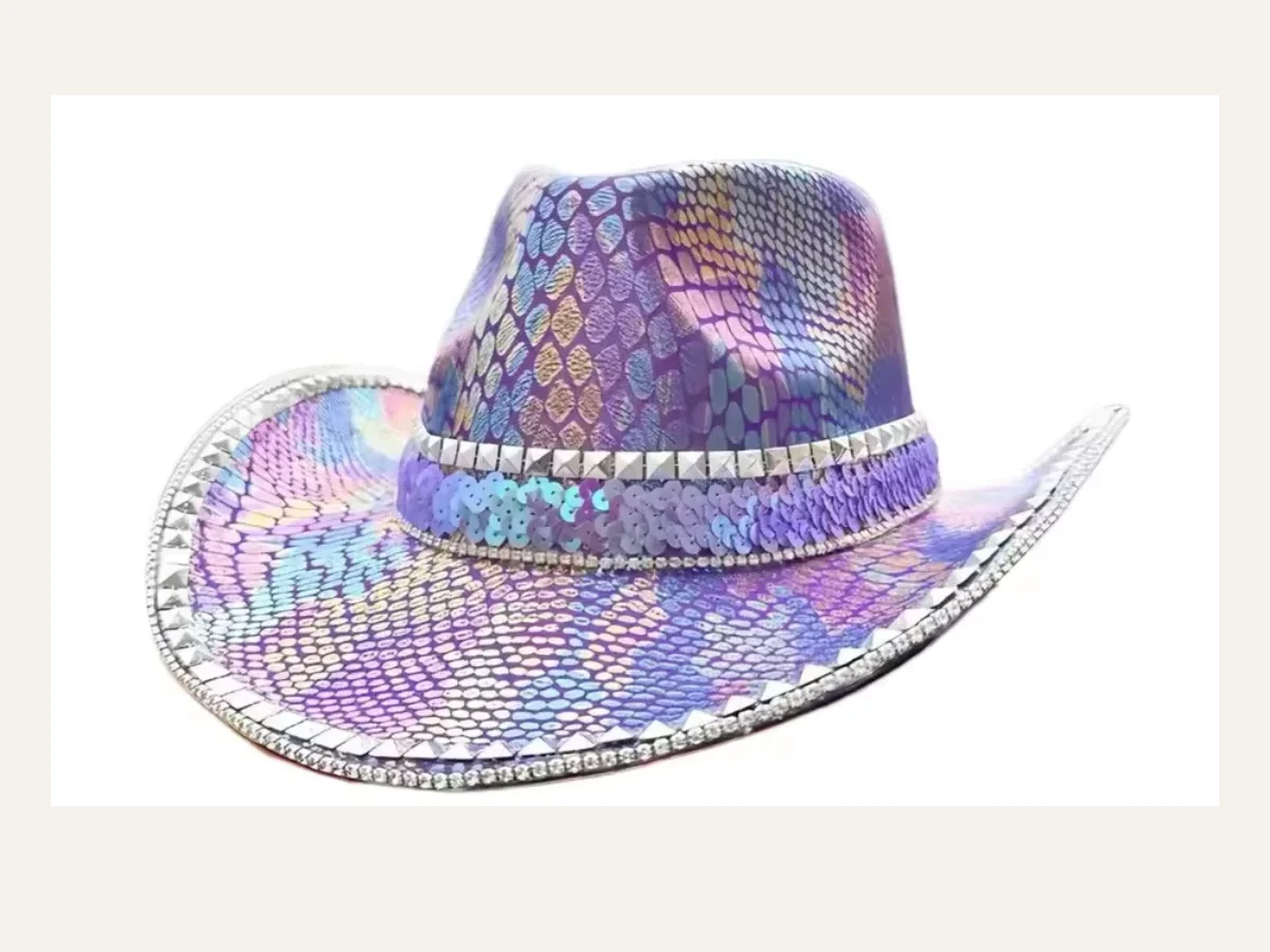Iridescent purple holographic sequin disco cowboy hat, a photogenic statement piece for festival photo tips