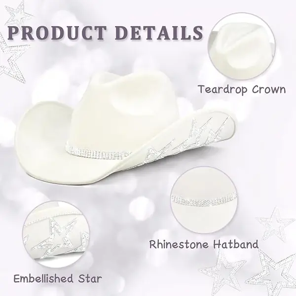 Nashville Star Rhinestone Felt Cowboy Hat product details: teardrop crown, rhinestone hatband and embellished star brim