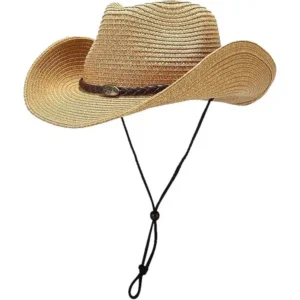 Natural Straw Sun Cowboy Hat with braided concho band and adjustable chin strap