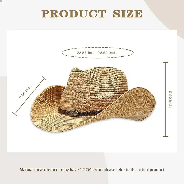 Natural Straw Sun Cowboy Hat size chart: 22.83 to 23.62 inch head circumference, 2.95 inch brim, 5.90 inch crown
