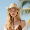 Woman wearing the Natural Straw Sun Cowboy Hat with braided concho band and chin cord on a sunny day