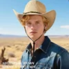 Man wearing the Natural Straw Sun Cowboy Hat with chin strap and denim shirt in the desert