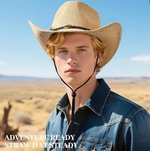 Man wearing the Natural Straw Sun Cowboy Hat with chin strap and denim shirt in the desert